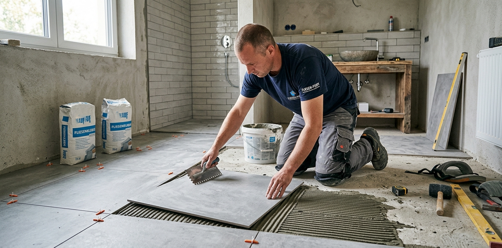 Fliesenleger richtet Bodenfliesen mit Abstandshaltern aus.