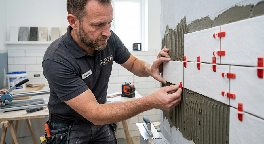 Fliesenleger verlegt Wandfliesen mit Fliesenkleber in einem Badezimmer