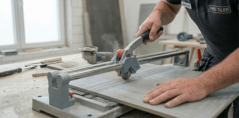 Fliesenleger schneidet eine Bodenfliese mit einem Fliesenschneider