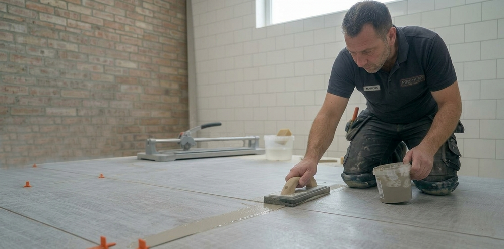 Fliesenleger beim Verfugen der Fliesen