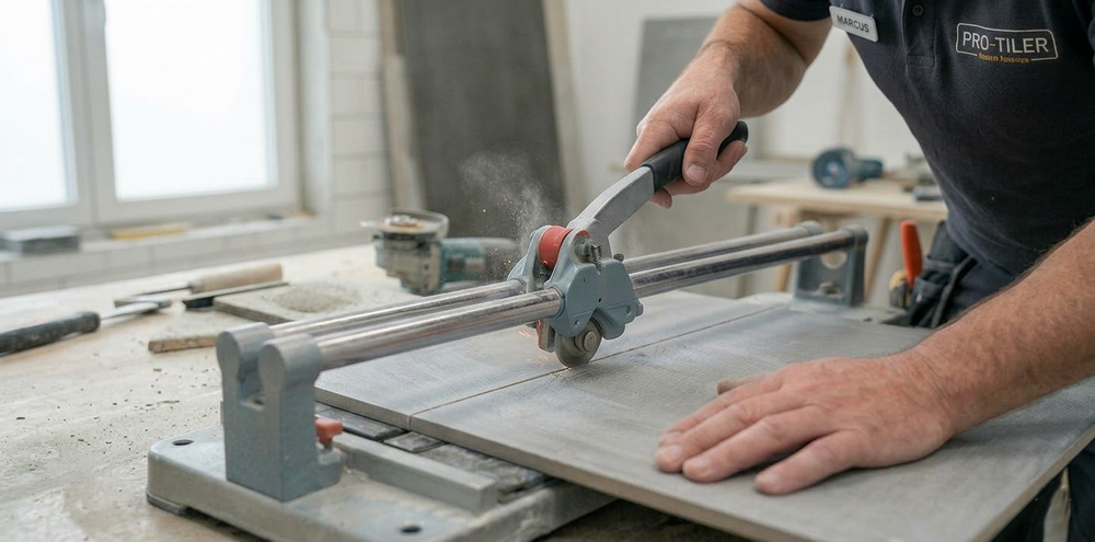 Fliesenleger schneidet eine Bodenfliese mit einem Fliesenschneider